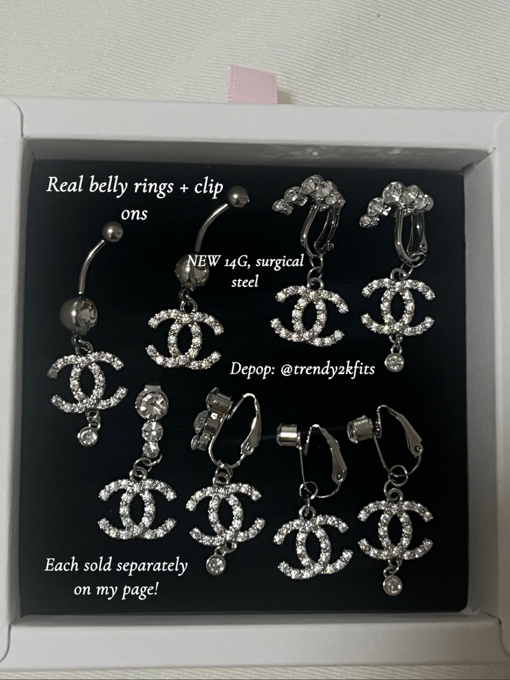 Cubic zirconia Crystalline Double C surgical steel belly rings real & Clip-Ons
